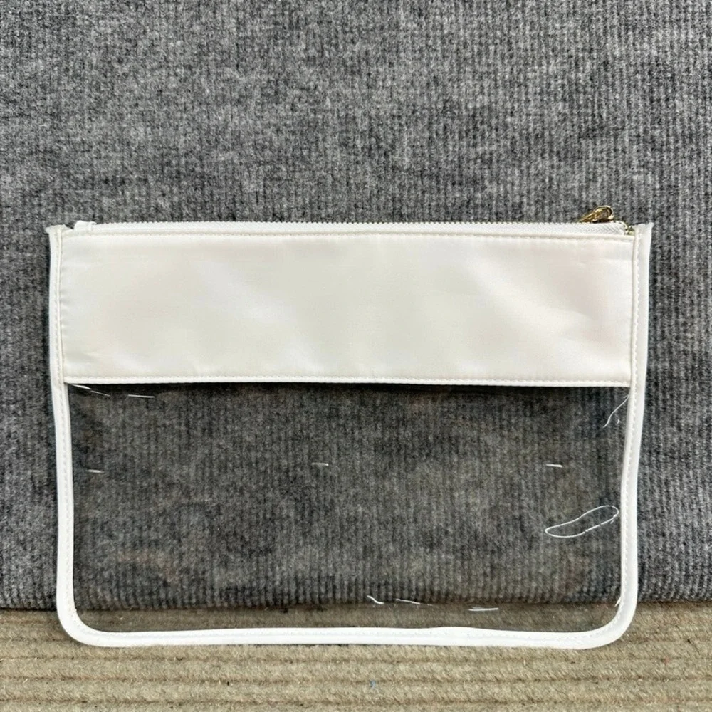 Clear Vinyl Snacks Pouch Chenille Patch Travel Makeup Bag White Gold Zipper